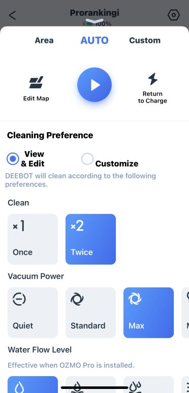 Główne menu aplikacji mobilnej do robota sprzątającego Ecovacs Deebot T9